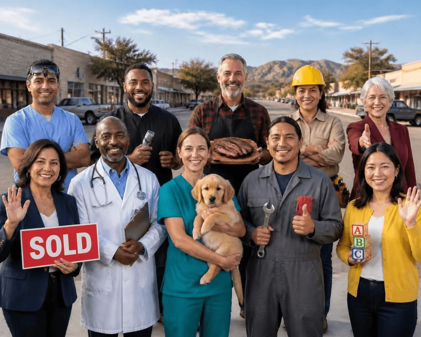 Ten smiling local business owners on a Lawton main street, mountains behind them: a real estate agent holding a SOLD sign, a doctor, a vet tech cradling a puppy, a mechanic with a wrench, a childcare teacher with alphabet blocks, a barber, a pitmaster with sliced brisket, a contractor in a hard hat, a dental assistant in scrubs, and a business owner reaching out to shake hands.